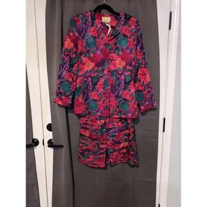 Raul Blanco Silk Skirt‎ Suit, Vintage Multicolor Floral, Size 8, Pleated Skirt